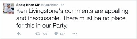 Khans Tweet: "Ken Livingstone's comments are appalling and inexcusable. The most be no place for this in our Party."